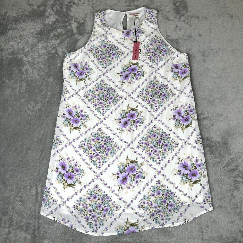 Andree by Unit Floral Dress Size L White Purple Flowers Easter Dress Scoop Neck - Picture 2 of 7